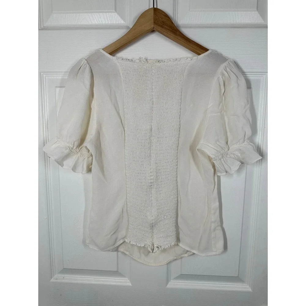 Reformation Top Womens 12 Ivory Gellar Blouse Smocked Back Puff Sleeve Ruffle